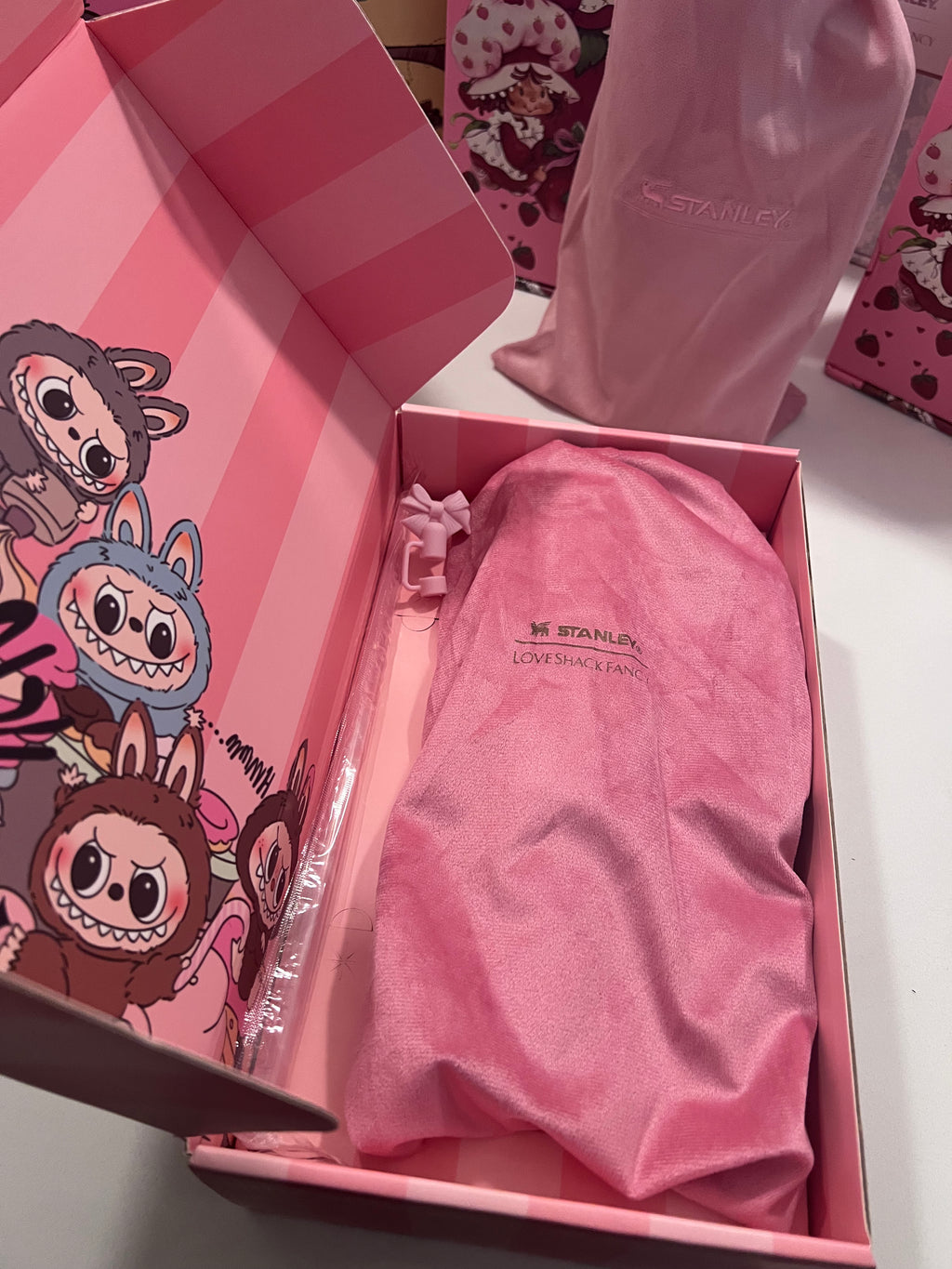 * * LIMITED EDITION * Stanley x Labubu Limited Edition Tumbler Pink Stripe 40 oz Quencher H2.0 FlowState Tumbler – 100% Authentic (New In Box)