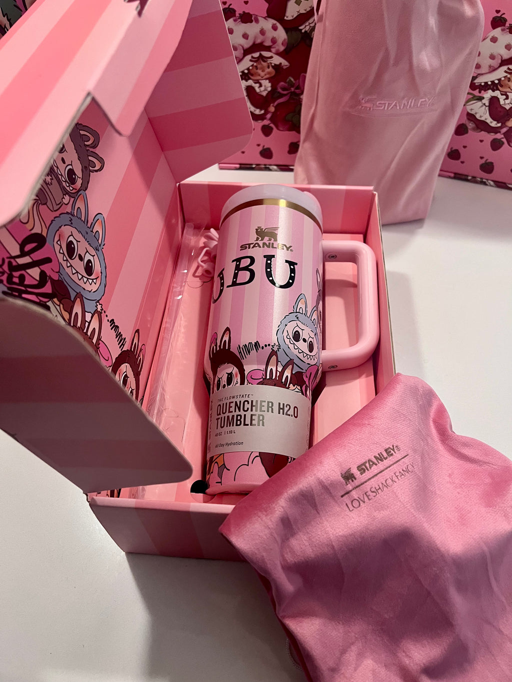 * * LIMITED EDITION * Stanley x Labubu Limited Edition Tumbler Pink Stripe 40 oz Quencher H2.0 FlowState Tumbler – 100% Authentic (New In Box)